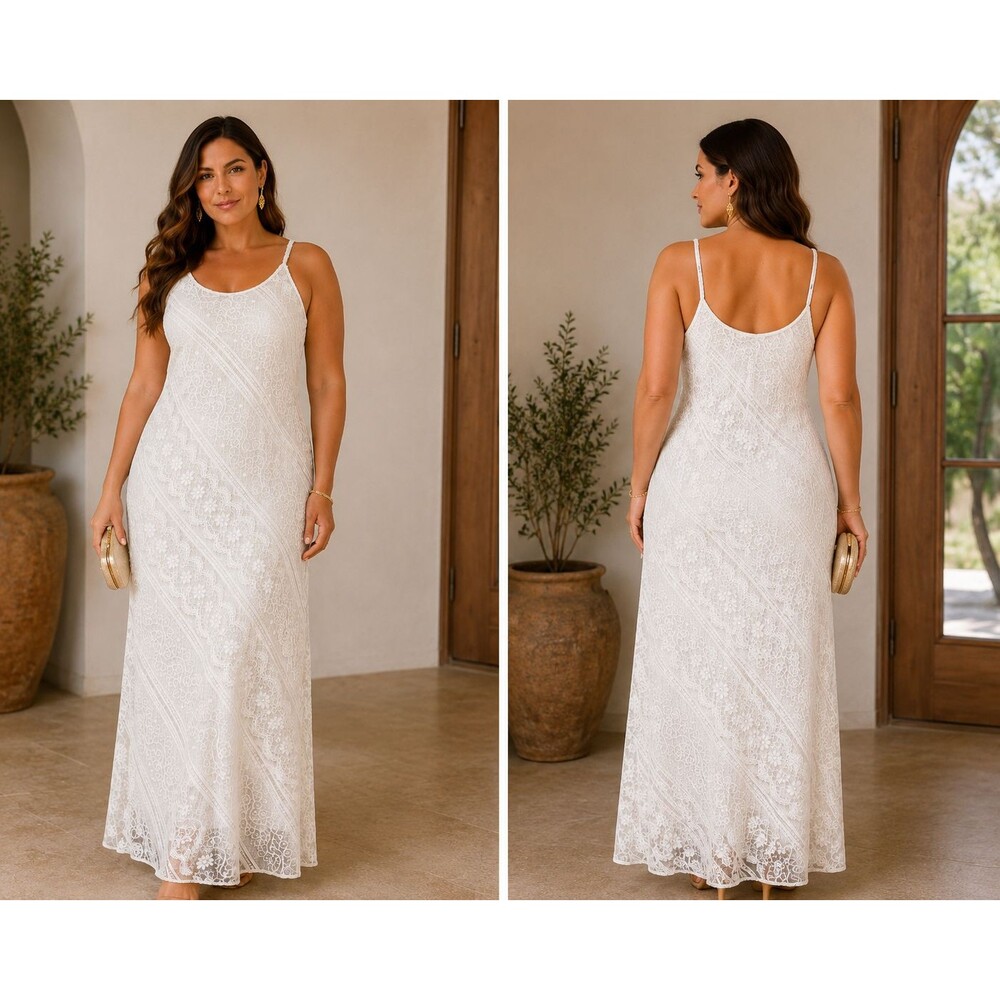 Vintage Cachet Halter Maxi Dress Size 16 Ivory Beaded Lace Embroidered Romantic